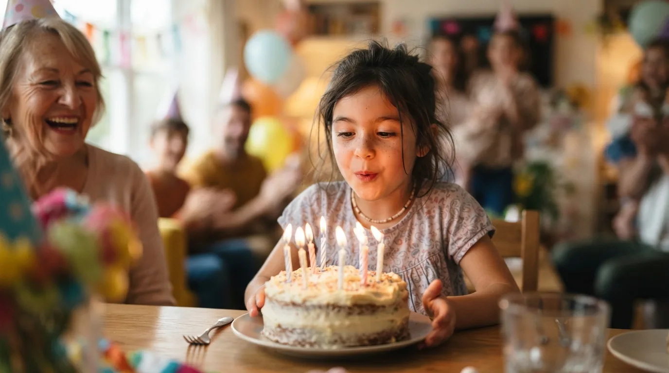 a birthday party with cake and candles