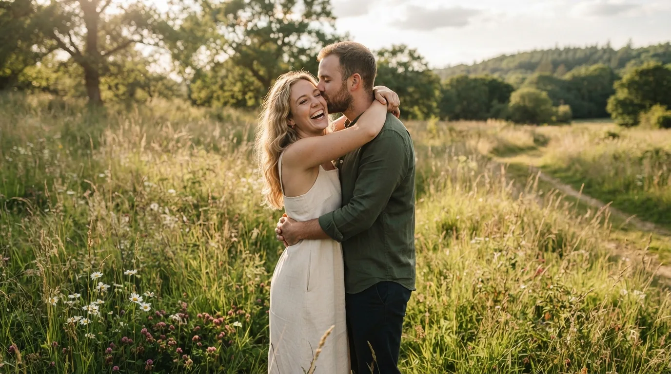a couple embracing in a sunlit meadow