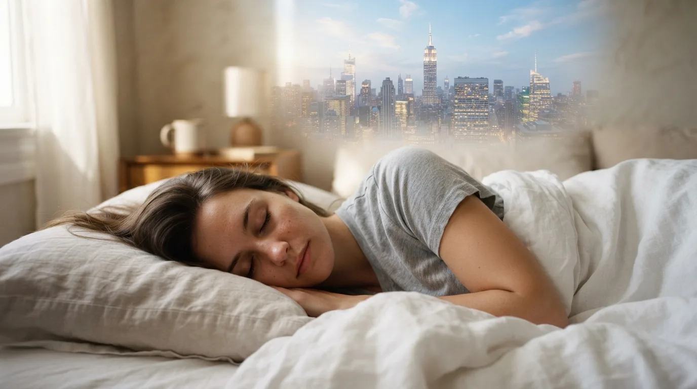 a person lying in bed asleep with a dreamy city skyline floating above them