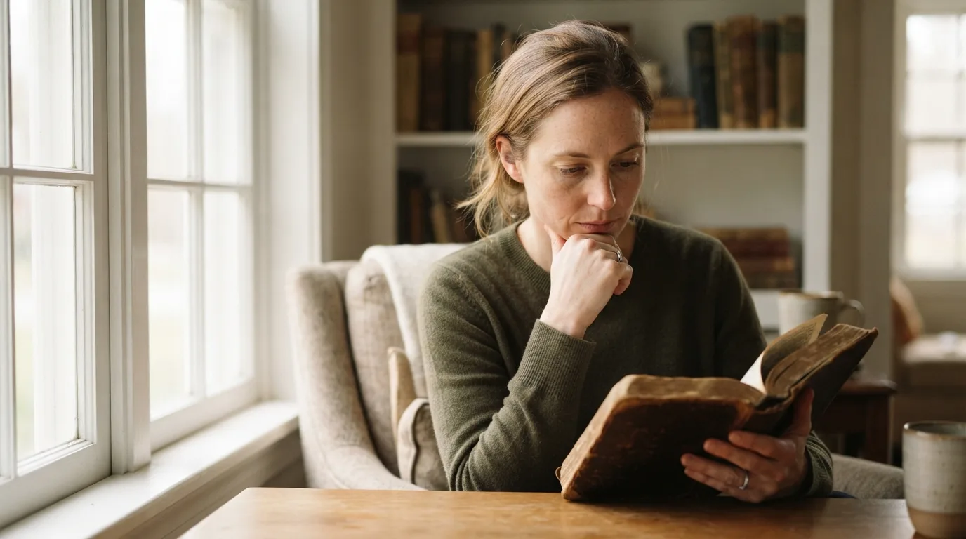 a person reading a Bible in a quiet, sunlit room