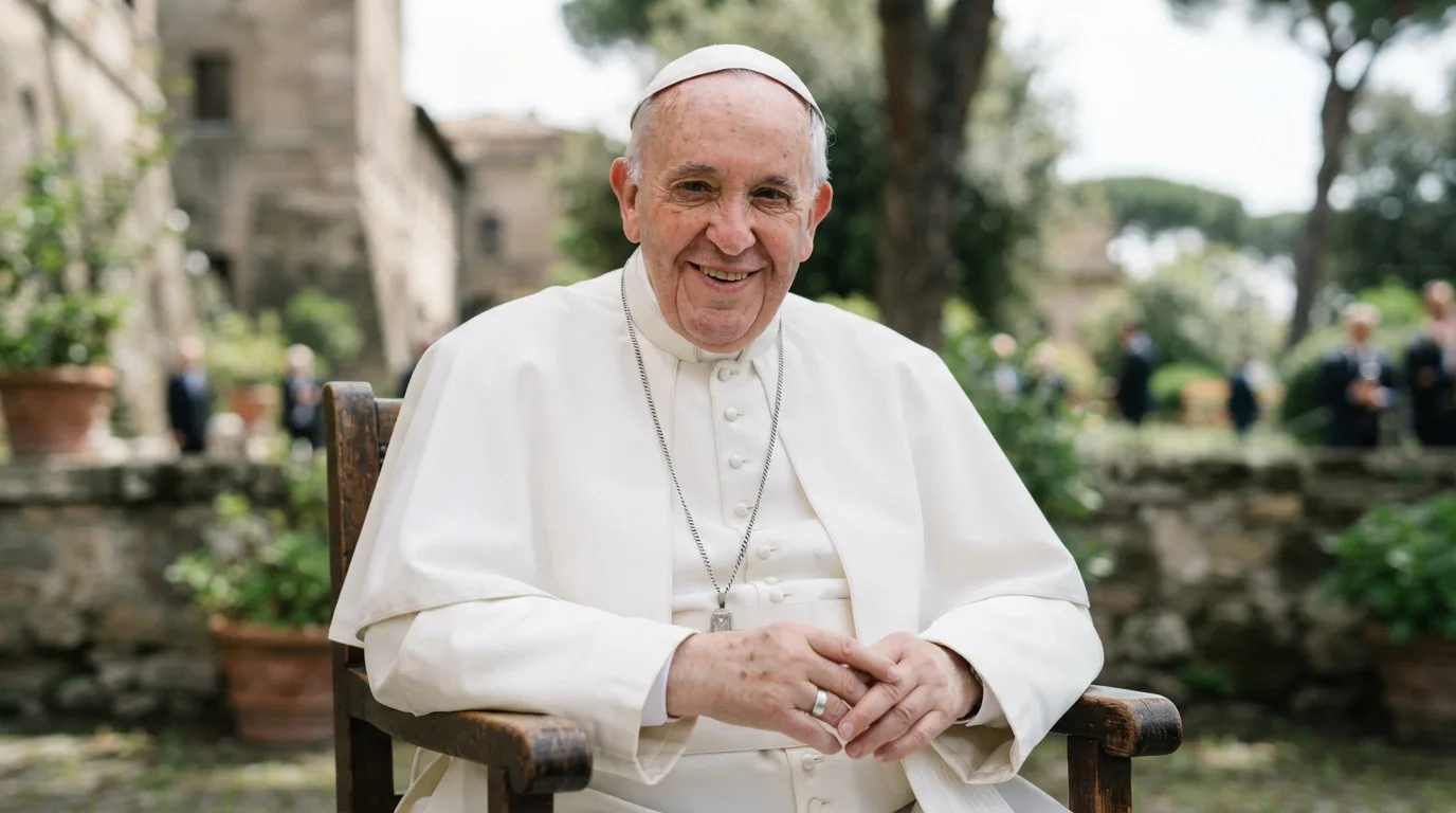 a smiling elderly man in a white papal cassock
