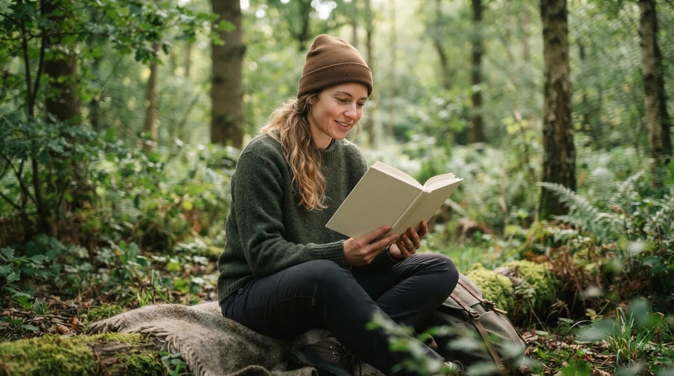 a person reading a book in a cozy forest