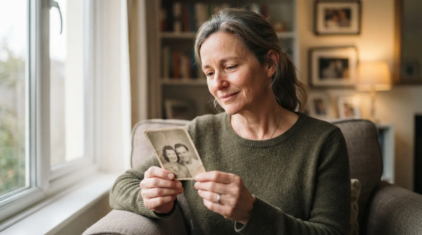 a woman looking thoughtfully at an old photograph