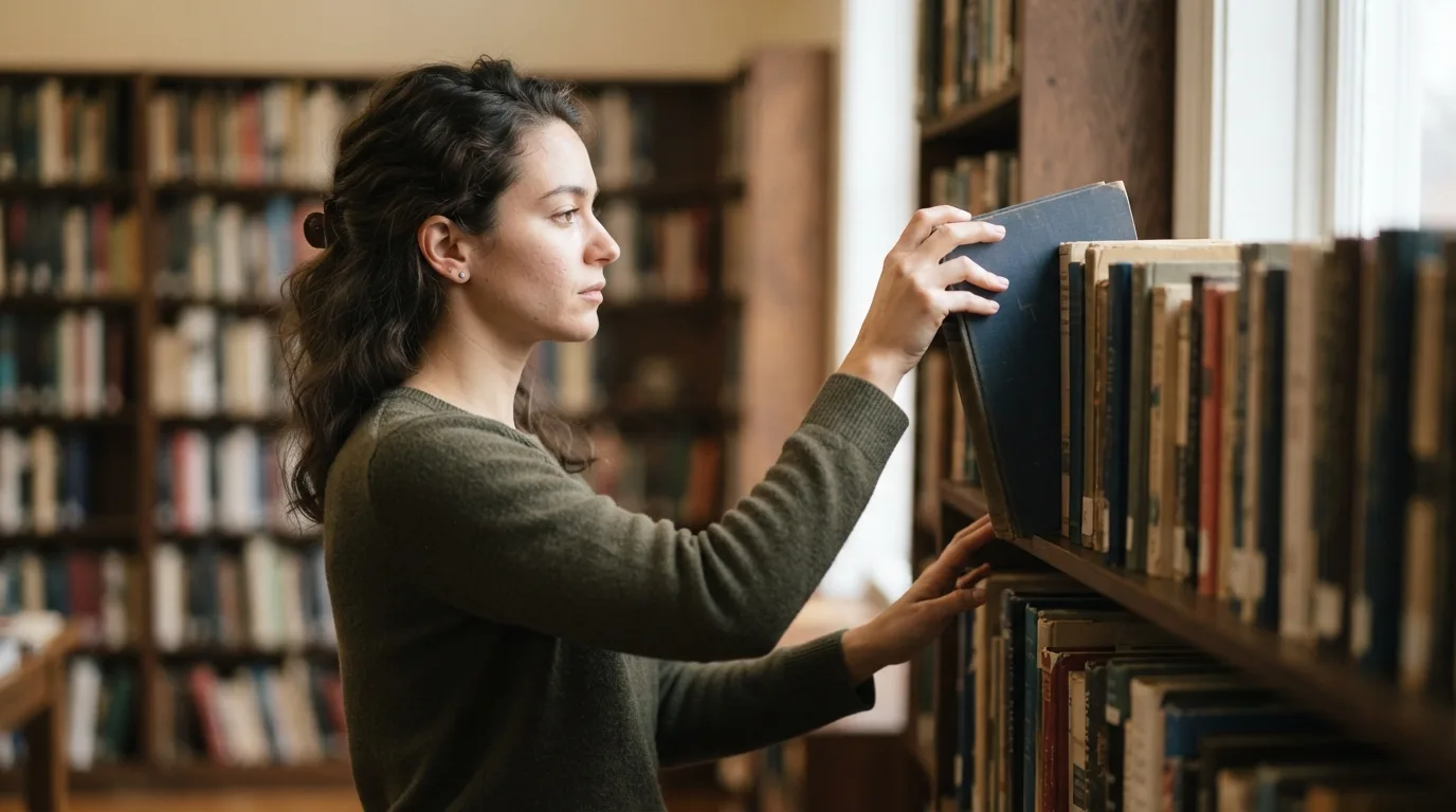 a person selecting a book from a neatly organized bookshelf