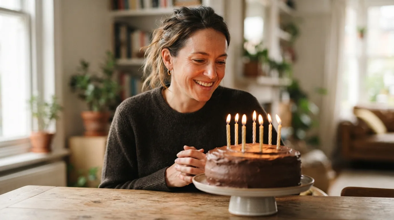 a woman smiling at a birthday cake with candles