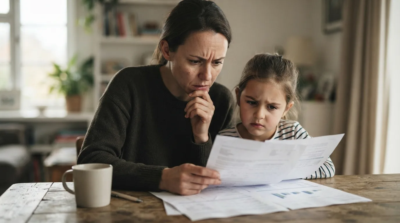 a parent and child looking at papers with a worried expression
