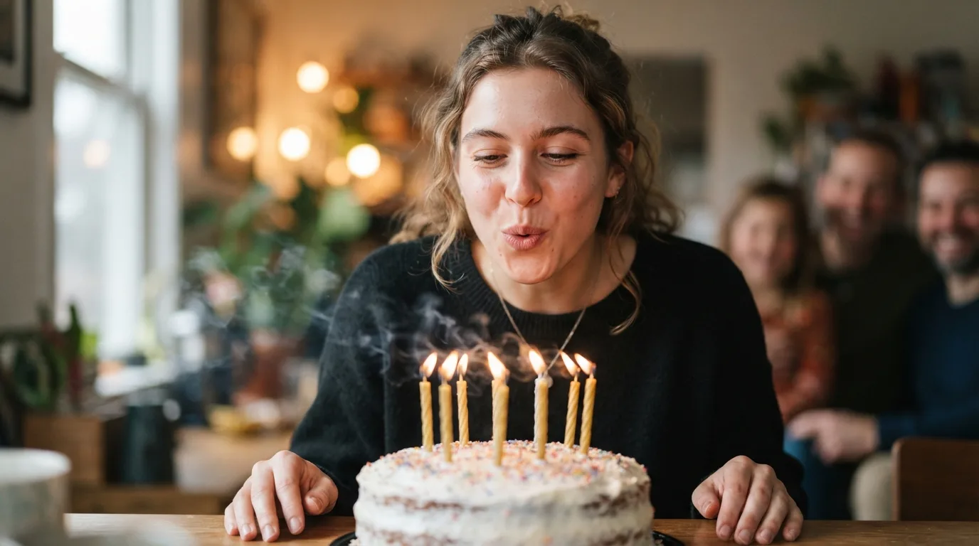 a young adult blowing out candles on a birthday cake