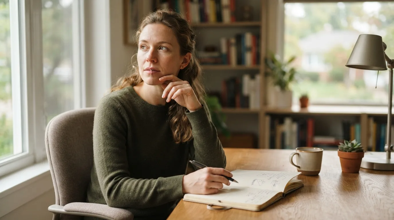 a person sitting at a desk with a notebook, looking thoughtful