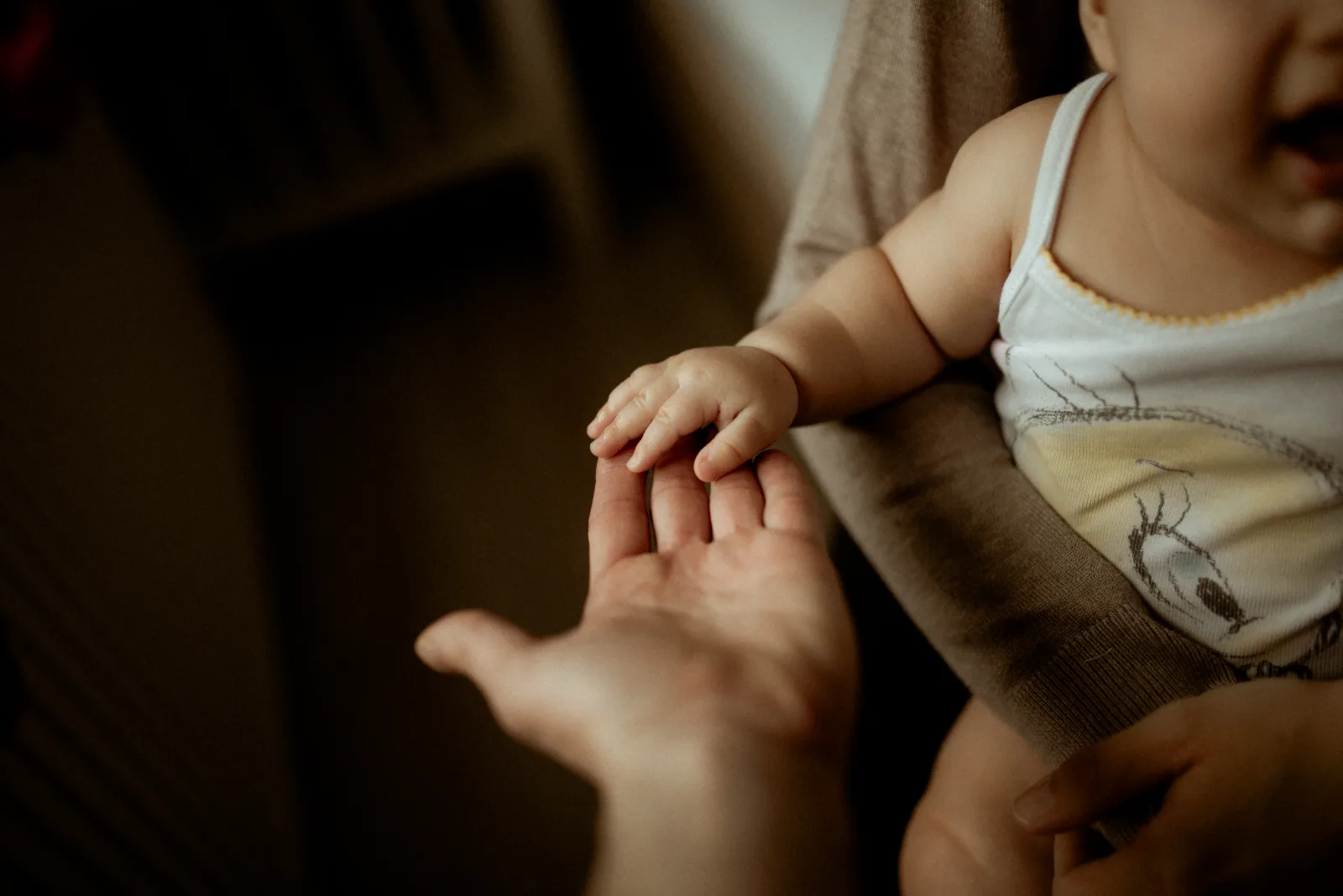 A gentle interaction occurs as a baby's small hand reaches out to grasp an adult's finger. The warm indoor ambiance creates an intimate moment filled with tenderness.