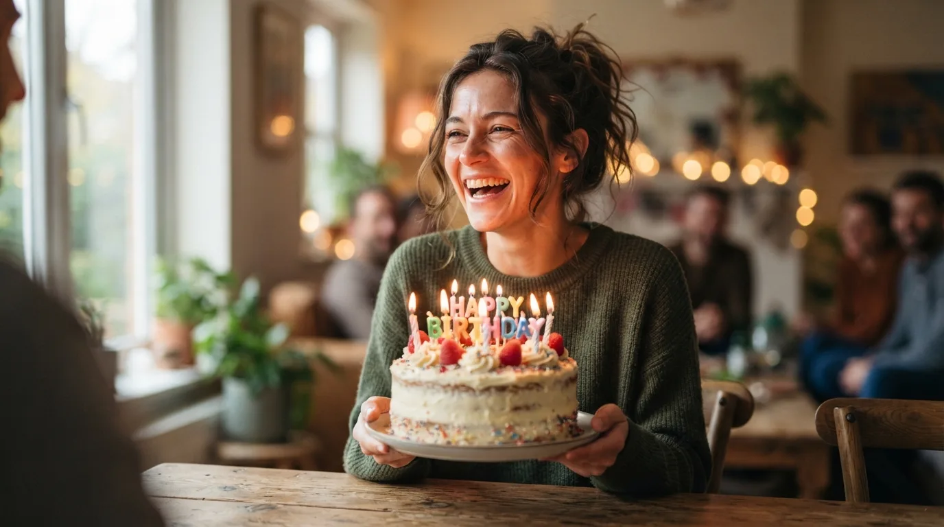 a person laughing while holding a birthday cake with candles