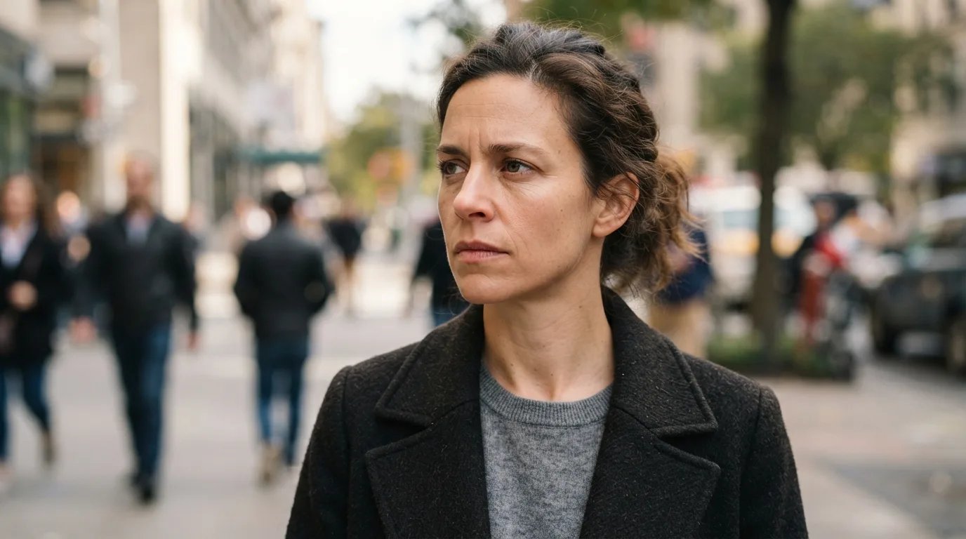 a person looking intensely into the distance with a serious expression