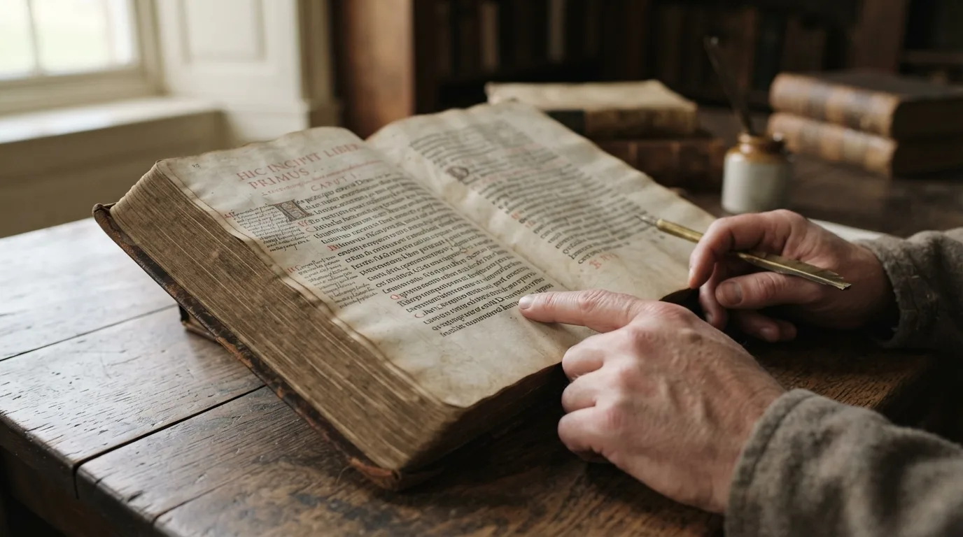an open antique book with Latin text on a wooden table
