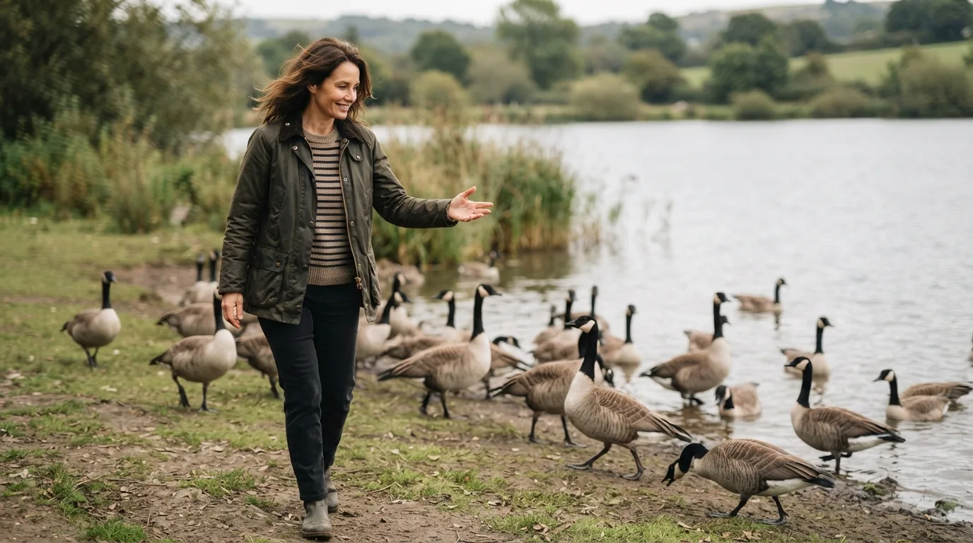 a person gesturing near a flock of geese