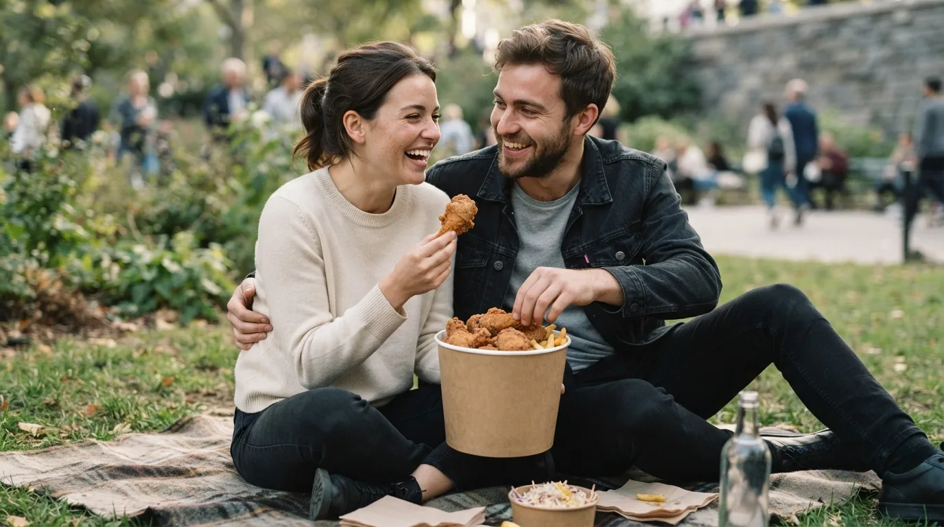 a couple sharing a bucket of fried chicken