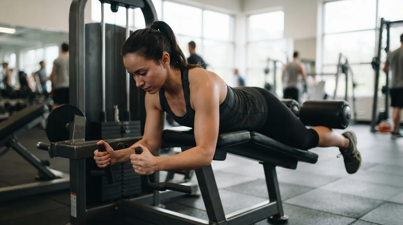 a person doing a hamstring curl on a machine