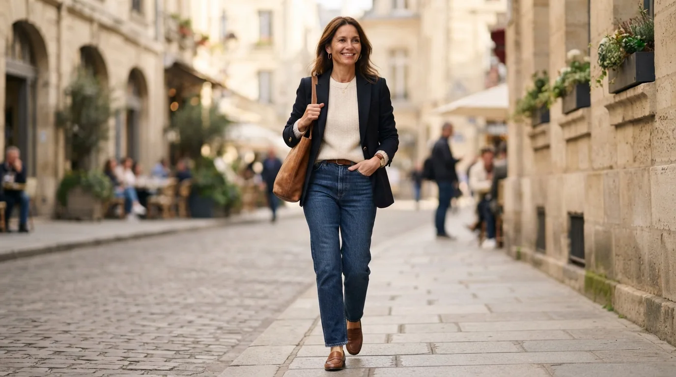 a stylish woman in her 40s wearing high-waist jeans