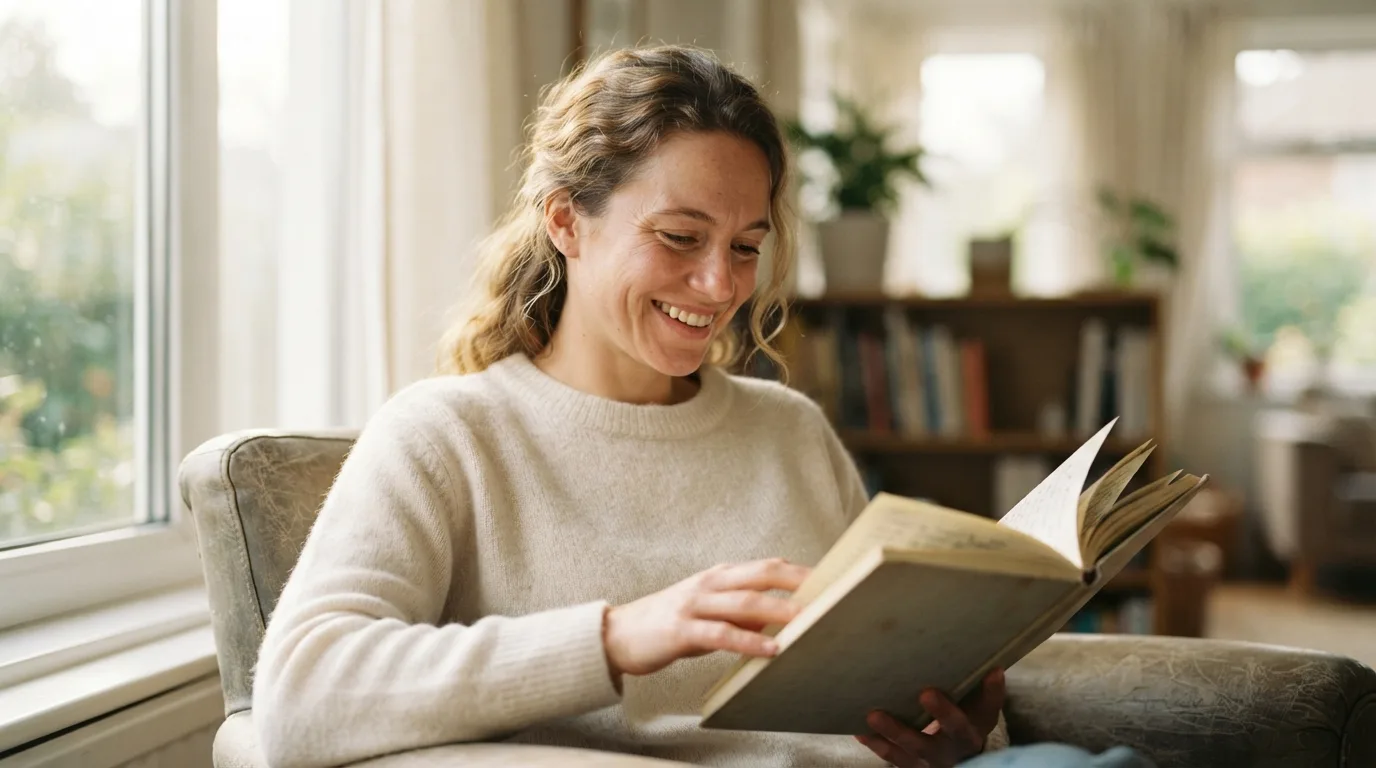a person smiling while reading a book or journal in a bright room