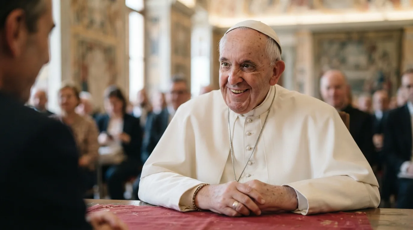 a smiling elderly man in a white papal cassock
