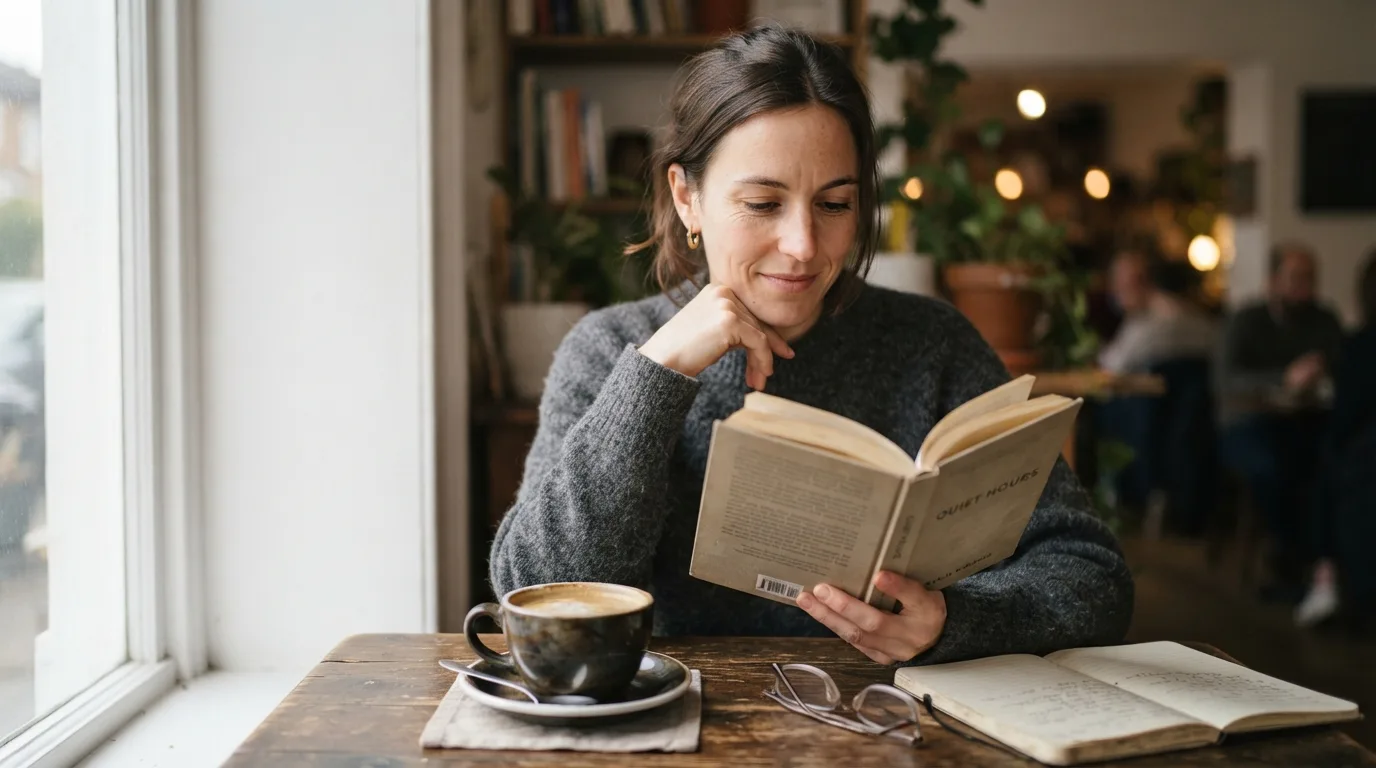 a person reading a book or writing in a journal with a cup of coffee