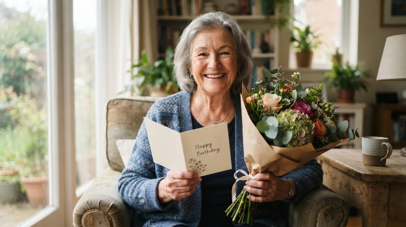 a smiling grandmother with a greeting card and flowers