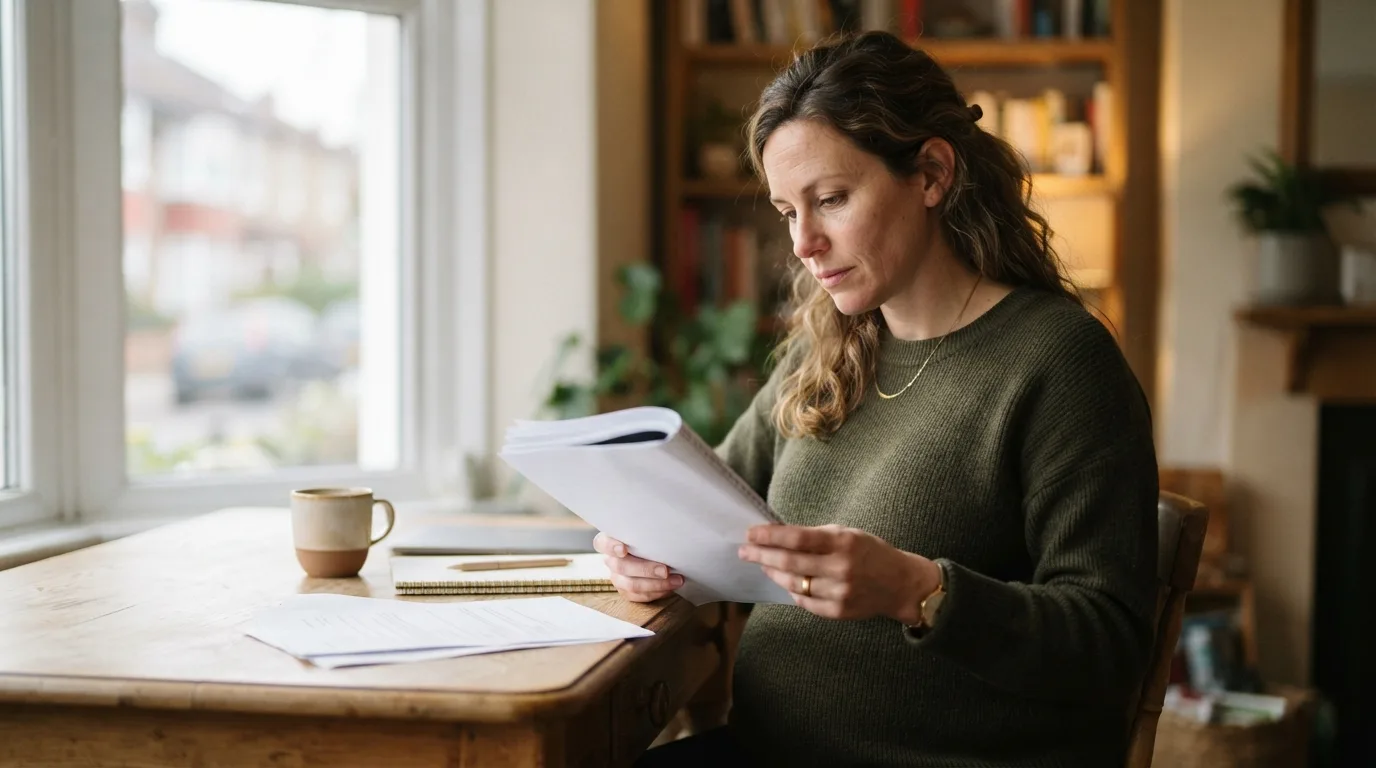 a pregnant woman reading documents