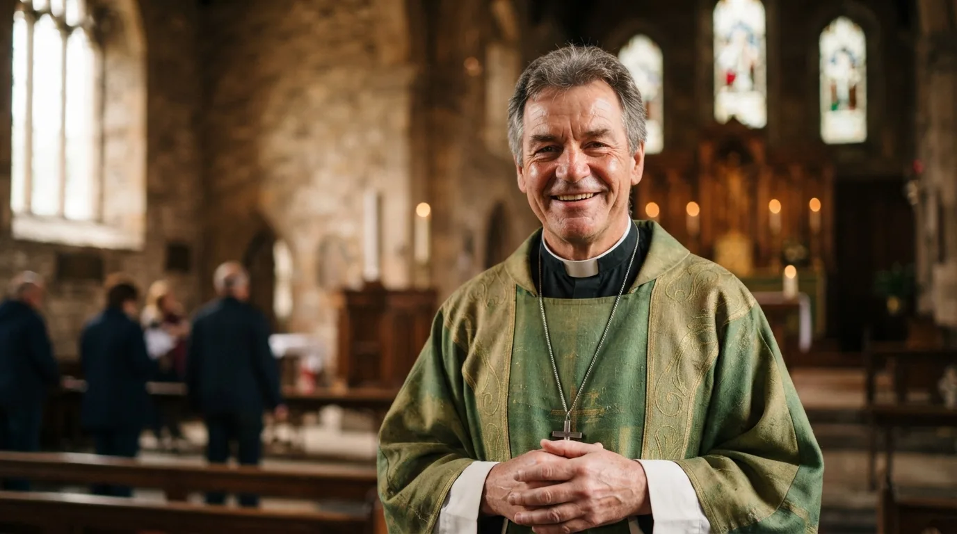 a smiling priest in a church