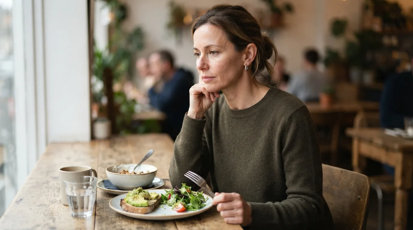 a person sitting at a table with food, looking thoughtful
