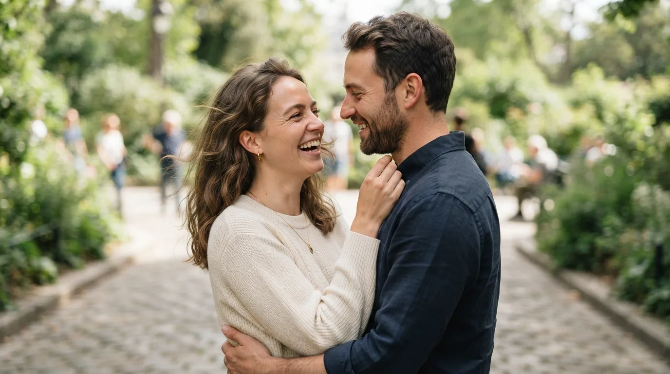 a couple embracing and smiling at each other