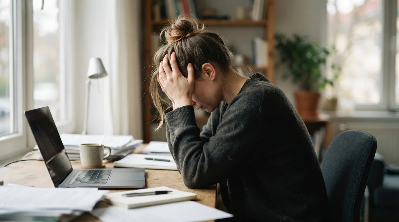a tired woman sitting at a desk with her head in her hands