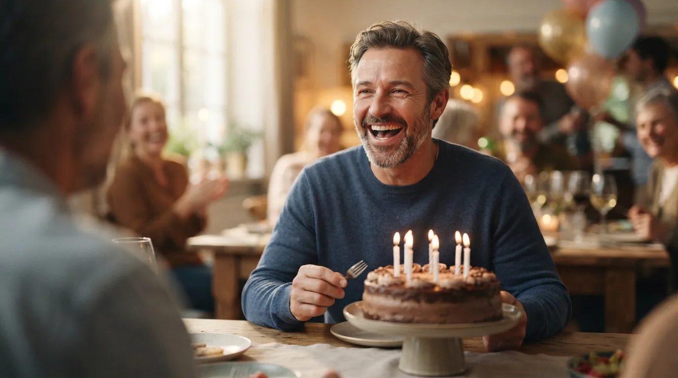 a man laughing at a birthday party with a cake