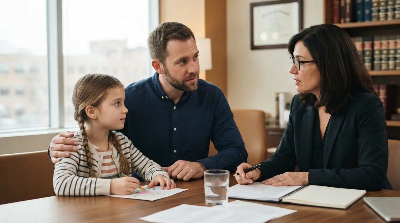 a father and child talking with a lawyer in an office