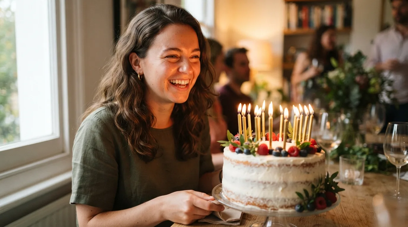 a young woman smiling near a birthday cake with candles