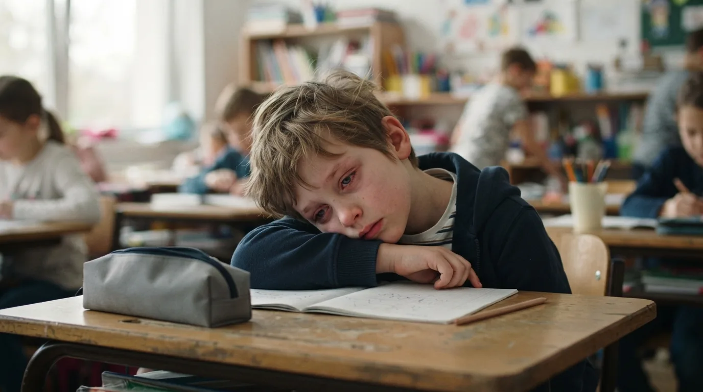 a child sitting at a school desk looking unwell
