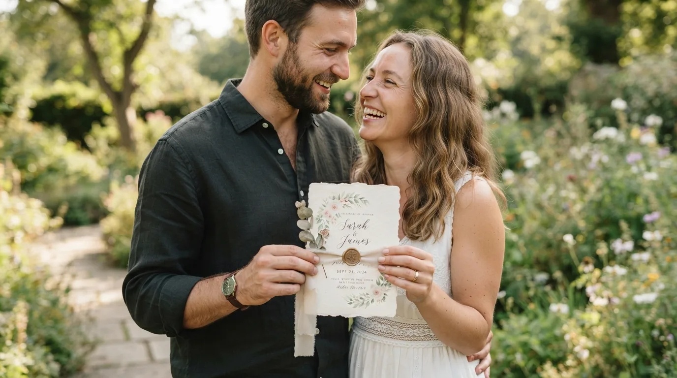 a couple holding a handmade wedding invitation
