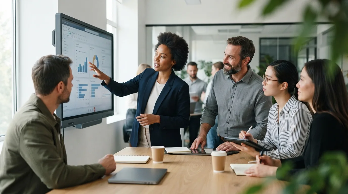 a team collaborating around a large interactive display in a modern meeting room