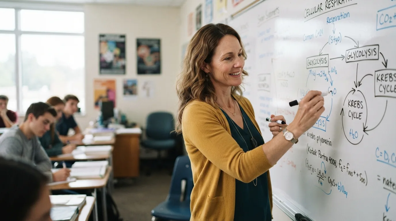 a teacher standing at a whiteboard in a classroom