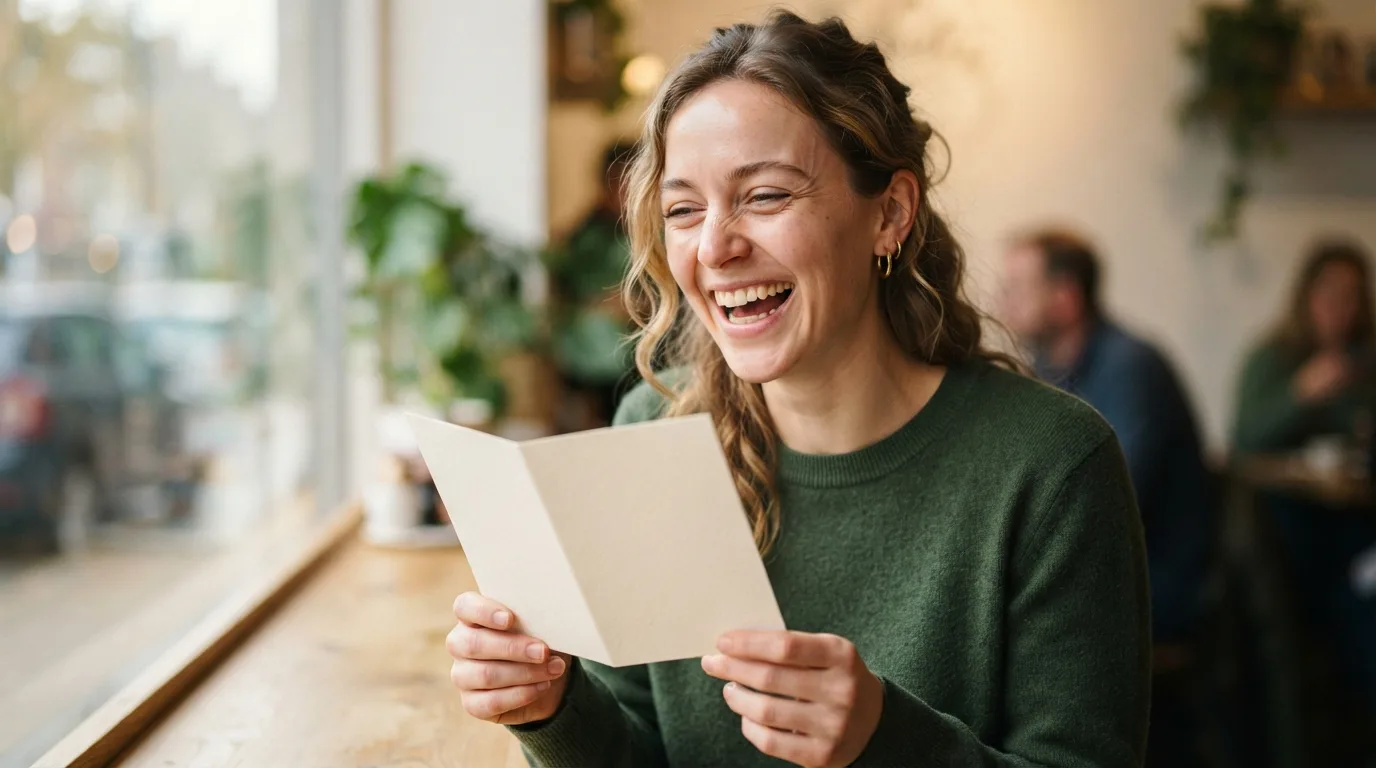a person laughing while holding a greeting card