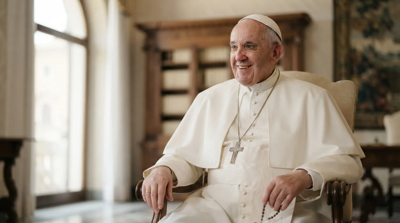 a smiling elderly man in a white papal cassock