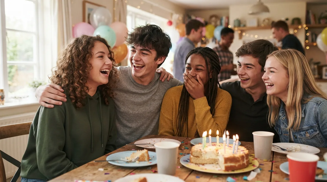 a group of teenagers laughing at a birthday party