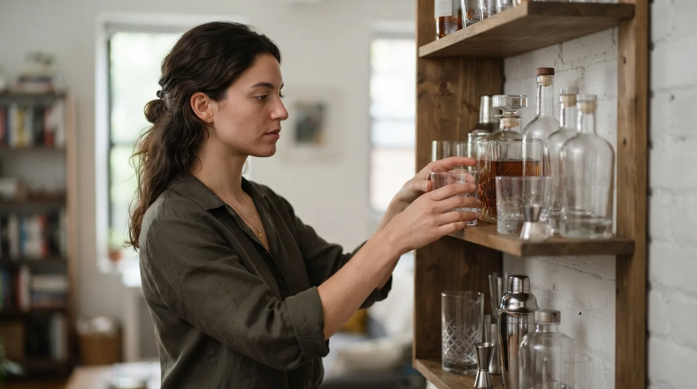 a person arranging bottles and glasses on a small home bar shelf
