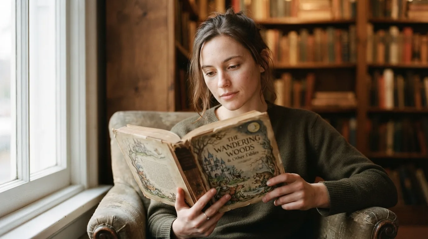 a person reading an old book with whimsical illustrations
