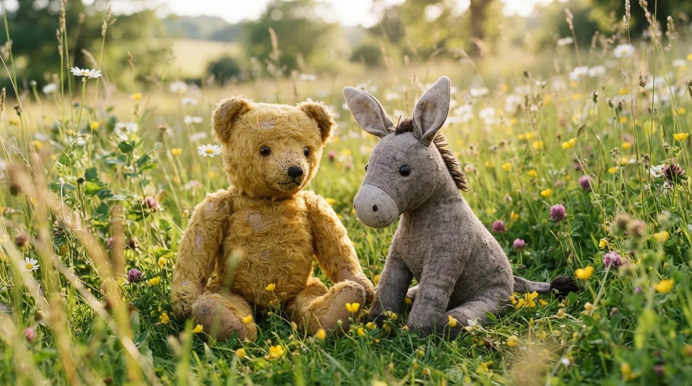 a stuffed bear and a stuffed donkey sitting together in a sunny meadow