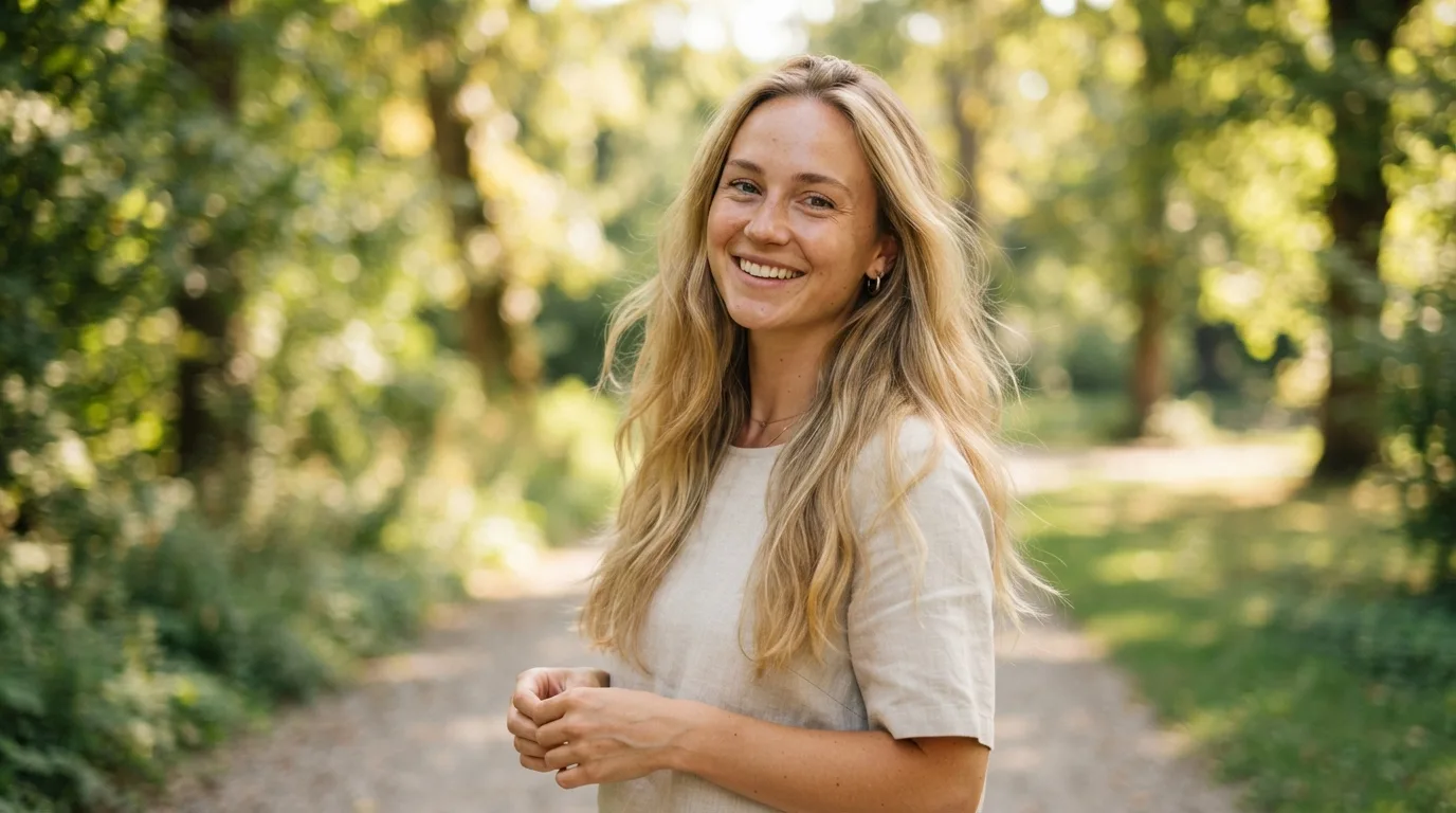 a woman with long blonde hair posing outdoors in summer