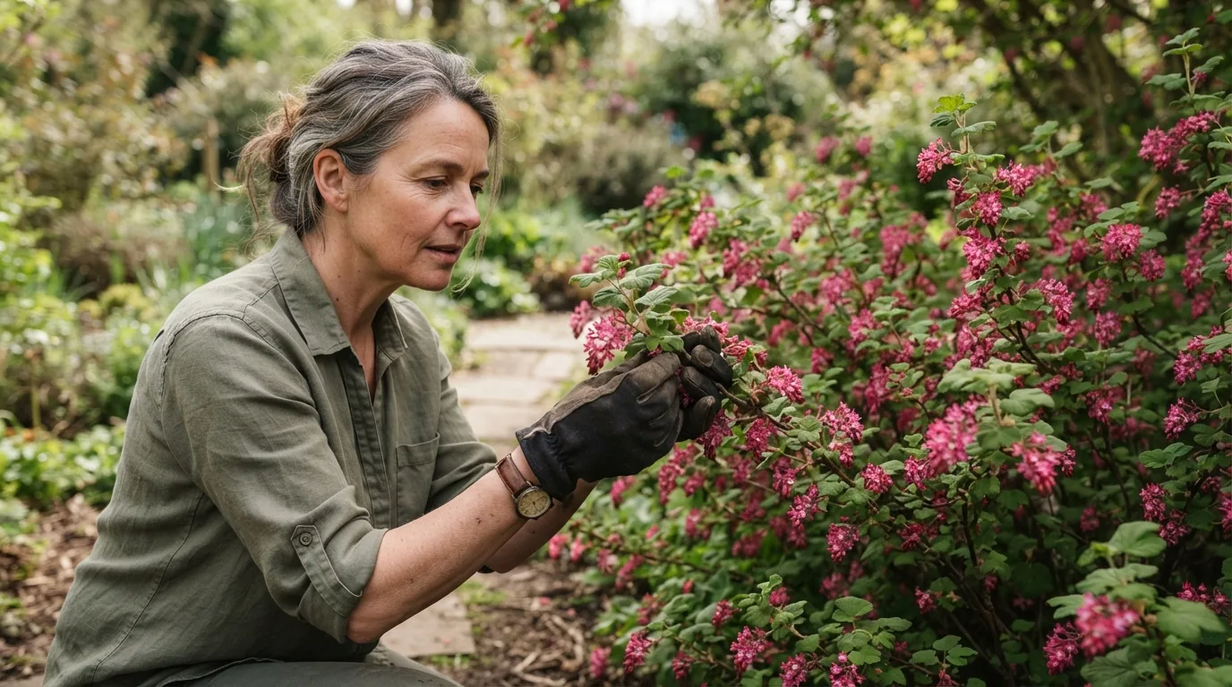 a gardener examining a flowering currant bush