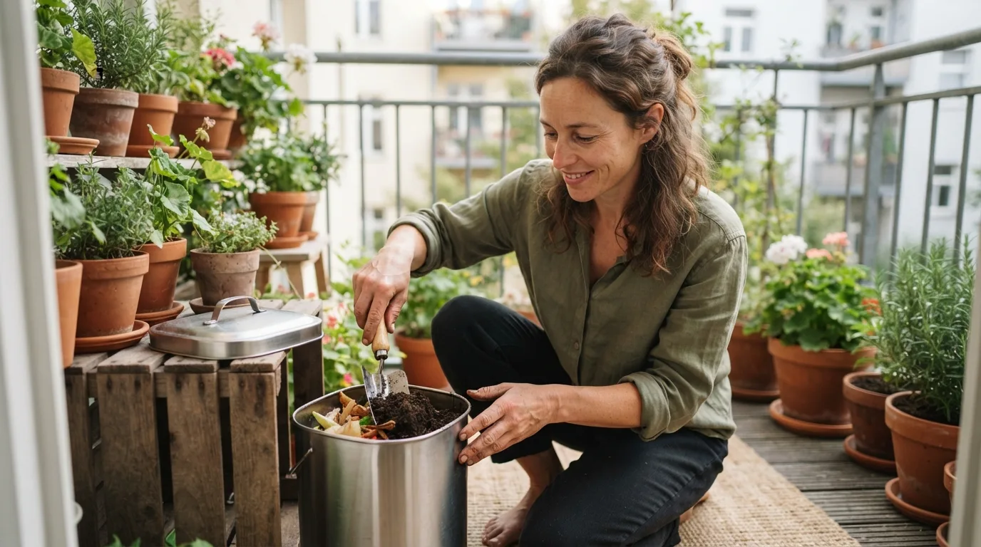 a person tending a small compost bin on a balcony
