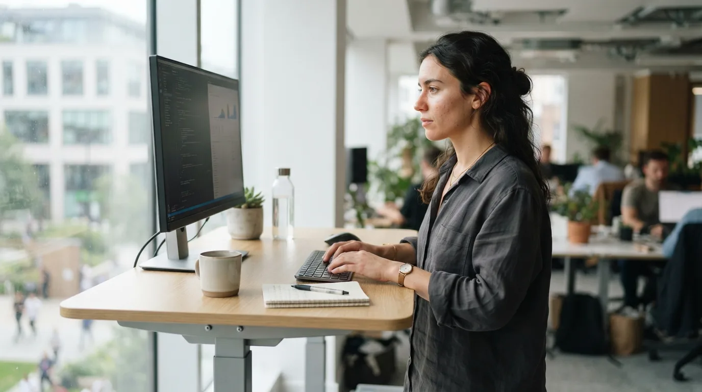 a person working at a modern adjustable desk in an office