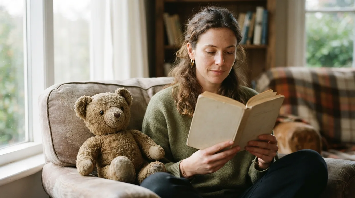 a person reading a book with a soft toy bear beside them