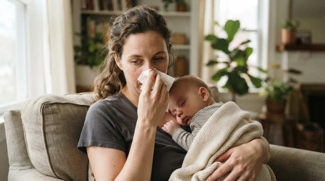 a mother holding her baby while she has a tissue