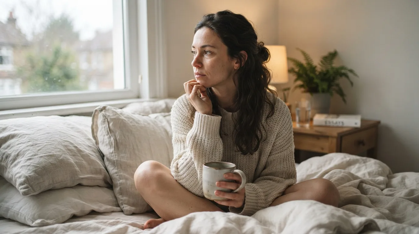 a person sitting in bed looking thoughtful