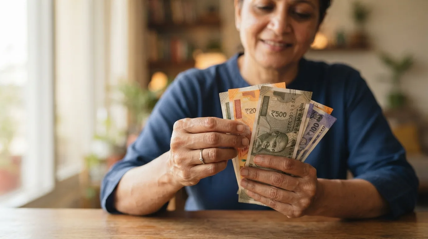 a person holding Indian rupee banknotes